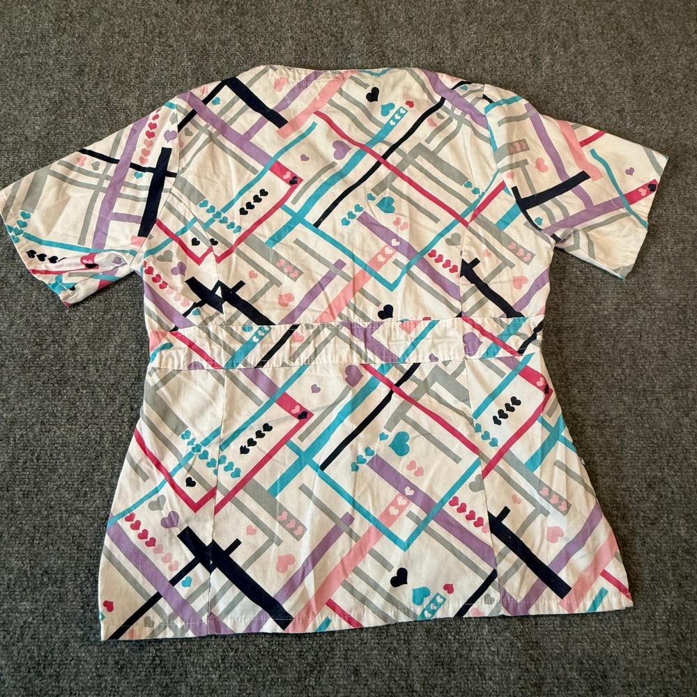 Sherly Uniforms Women Large Scrub Top Geometric Heart Print‎ V-Neck Pink Blue - Picture 2 of 7